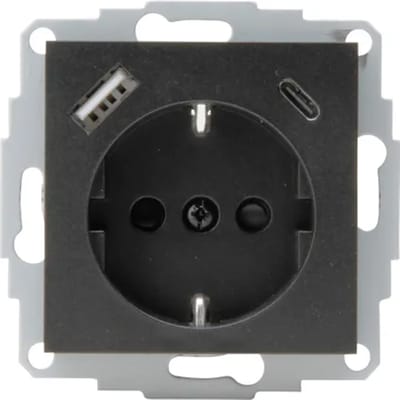 Kopp Athenis Wandcontactdoos 1-voudig Met Randaarde En Shutters, 2-voudig Usb-a+c Antraciet