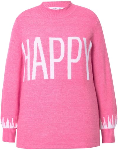 Angel of Style - Dames - Trui HAPPY-statement lange ballonmouwen - Hibiscusrood - Maat 42+