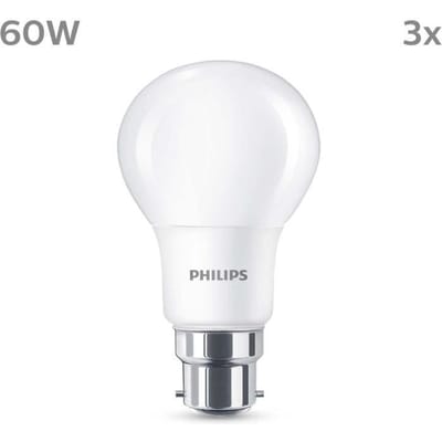 Ampoule LED - PHILIPS - 60 W - B22 - Blanc chaud - Dépolie - Non-Dimmable - 3 pieces