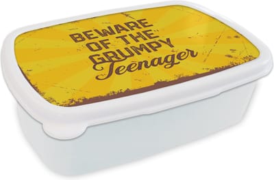 Broodtrommel Wit - Lunchbox - Brooddoos - Kids - Quotes - Vintage - Beware of the grumpy teenager - 18x12x6 cm - Volwassenen