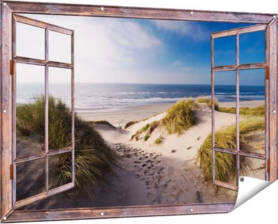 Gards Tuinposter Doorkijk Strand en Duinen - 150x100 cm - Tuindoek - Tuindecoratie - Wanddecoratie buiten - Tuinschilderij