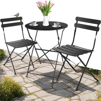 tectake® Inklapbare bistroset voor 2 personen - Stalen frame - Tafel en tuinstoelen - Voor balkon en terras - Buitenset - Tuinset - Klaptafel en klapstoelen - Elegant design - Zwart