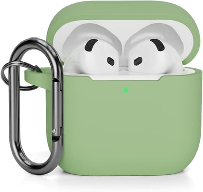 Schokbestendige en krasbestendige silicone hoes voor AirPods 4 met USB-C en karabiner, avocado ontwerp