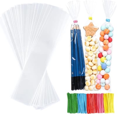 300 stuks cellofaan zakjes voor snoep, cadeauverpakkingen en kaarsen, inclusief 320 twist ties, 25 x 5 cm, transparante en stevige zakken