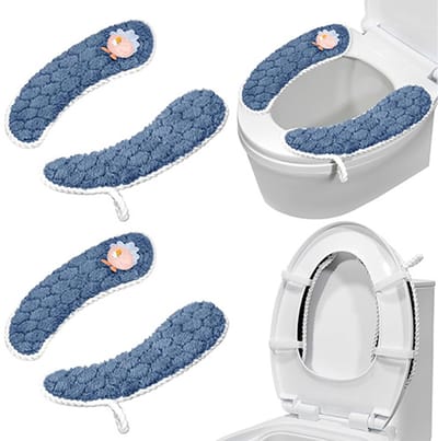 Toiletbrilhoes - 2 paar Toiletbrilhoezen voor in de badkamer - Verwarmingskussen voor toiletbrillen - Pluche toiletbrilhoes - Herwasbaar - Met handvat - Wintervriendelijke toiletbrilhoes - 36*8,5 cm - Blauw