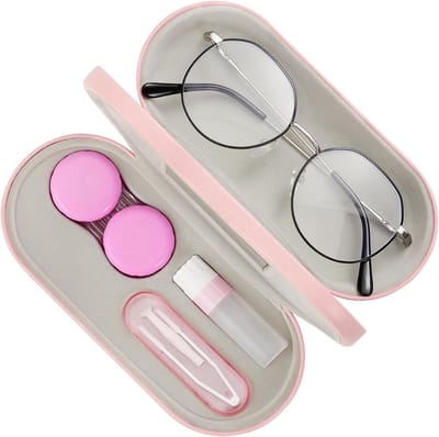 Dubbele Bril- en Contactlenset met Spiegel, Pincet en Opbergtas voor Zonnebrillen - 2-in-1 Draagbare Oplossing voor Mannen en Vrouwen, Roze, Ideaal voor Reizen en Dagelijks Gebruik