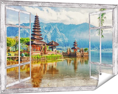 Gards Tuinposter Doorkijk Pura Tempel in Bali op het meer Beratan - 120x80 cm - Tuindoek - Tuindecoratie - Wanddecoratie buiten - Tuinschilderij