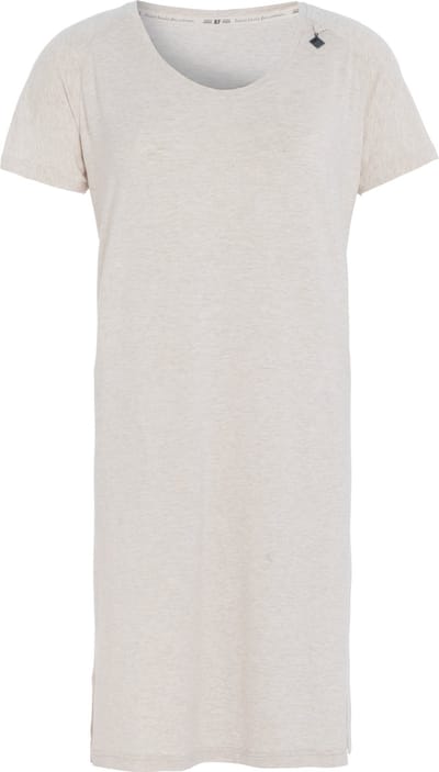 Knit Factory Lily Jurk - Dames midi-jurk met ronde hals - Rechte jurk - Korte mouwen - Jurk voor het voorjaar en de zomer - Beige - S