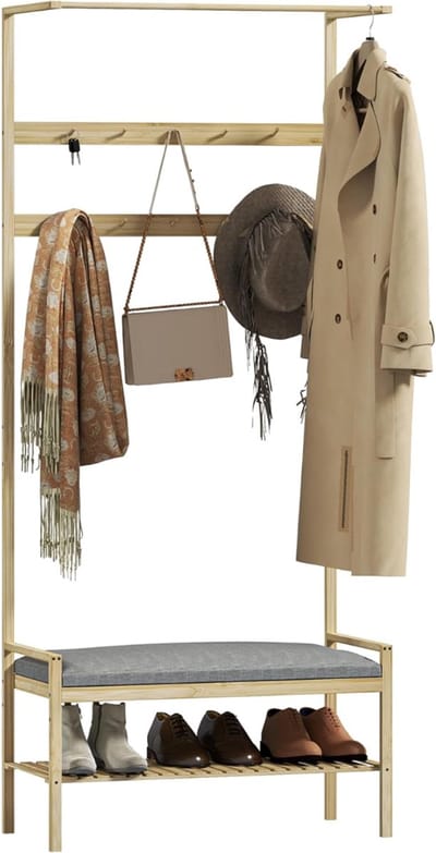 DnA® Kapstok Met Schoenenrek - Halmeubel Met kapstok - Kapstok Met Bankje - Lichtbruin- 74cm x 34cm x 171cm