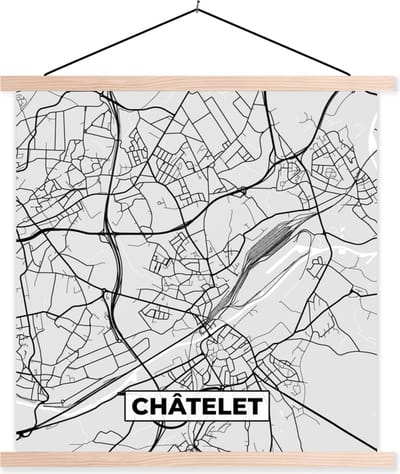 Posterhanger incl. Poster 40x40 cm - Schoolplaat - Zwart Wit – België – Plattegrond – Stadskaart – Kaart – Châtelet - Textielposter - Blanke latten - Stadskaart