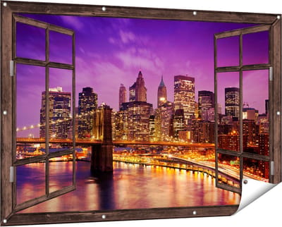 Gards Tuinposter Doorkijk Skyline New York van Centrum in het Paars - 150x100 cm - Tuindoek - Tuindecoratie - Wanddecoratie buiten - Tuinschilderij