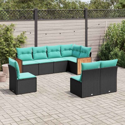 vidaXL - 8-delige - tuinbankset - met - kussens, - zwart - polyrotan