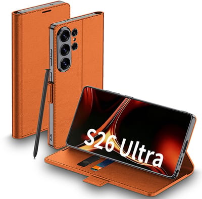 Casemania Hoesje Geschikt voor Samsung Galaxy S26 Ultra - Oranje - Slim Book Case met Pasjeshouder - Smart Dunne GSM Cover
