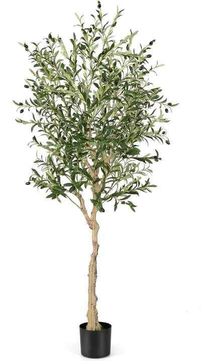 COSTWAY Kunstolijfboom, kunstplant 180 cm, kamerplant met cementpot, natuurlijke bladeren en 72 vruchten, kunstboom voor tuin, kantoor, thuis, kunstplanten, groen