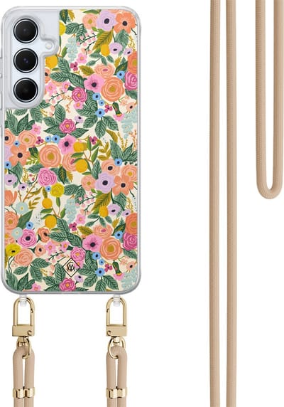 Casimoda® hoesje met koord - Geschikt voor Samsung A15 - Pink Garden - Afneembaar koord - TPU/polycarbonaat - Roze
