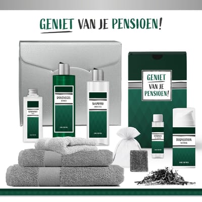 Geschenkset "Geniet van je pensioen!" - 9 Producten - 1275 Gram | Giftset voor hem - Luxe cadeaubox man - Zilver Wellness Pakket deluxe - Badhanddoek - Badlaken - Gastendoek - Gestopt met werken - Groen Cadeau set - Vader - Broer - Vriend - Collega