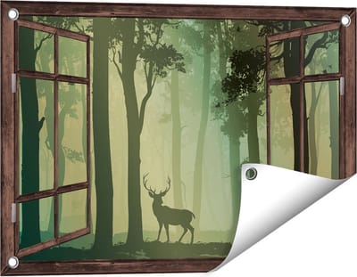 Gards Tuinposter Doorkijk Hert in het Bos - Silhouet - 60x40 cm - Tuindoek - Tuindecoratie - Wanddecoratie buiten - Tuinschilderij