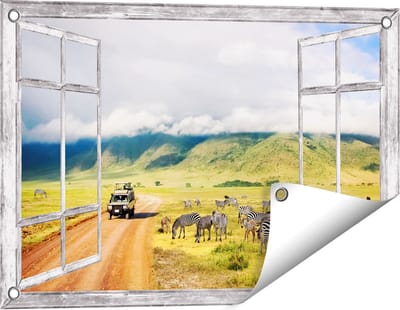 Gards Tuinposter Doorkijk Safari Auto tussen de Zebra's - 60x40 cm - Tuindoek - Tuindecoratie - Wanddecoratie buiten - Tuinschilderij