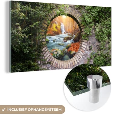 MuchoWow® Glasschilderij 40x20 cm - Schilderij acrylglas - Herfst - Waterval - Natuur - Doorkijk - Foto op glas - Schilderijen