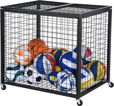 Rollende Trolley voor Het Opbergen van Sportballen, Stalen Opbergrek voor Binnen en Buiten, Afsluitbare Kooi met Dubbele Deksel voor Garages, Speelzalen, Sportscholen en Scholen
