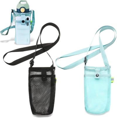2 Stuks Waterfles Tas met Verstelbare Schouderband en Pocket - Ideaal voor Sport, Camping en Hiking - Zwart en Lichtblauw