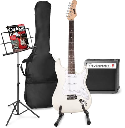 Elektrische gitaar met gitaar versterker - MAX Gigkit 4/4 - Perfect voor beginners - incl. gitaar standaard, muziekstandaard, gitaar stemapparaat, gitaartas en plectrum - Wit