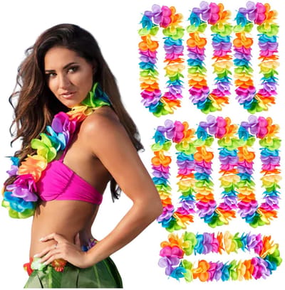 Boland Hawaii krans/slinger - 8x - Tropische/zomerse kleuren mix - Grote bloemen blaadjes hals slingers - Party verkleed accessoires