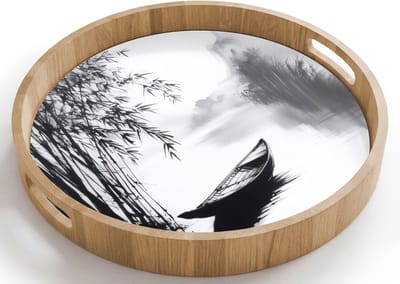 Dienblad rond 40x40 cm - Schootdienblad hout - Boot - Rivier - Bamboe - Wit - Borrelplank rechthoek - Plateau houten dienbladen
