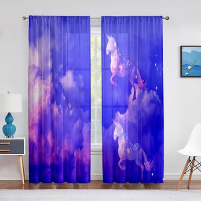 Fantasy Paarse Wolk Eenhoorns Tule Voile Gordijnen Slaapkamer Hotel Huisdecoratie Transparante Gordijnen voor Woonkamer Chiffon Bedrukt Drapes 1 PCS W100XH250cm&Grommet Top