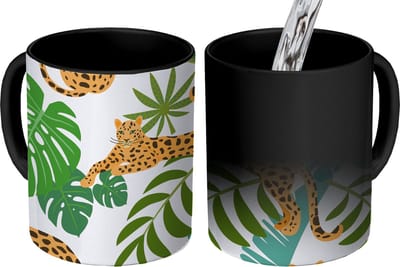 Magische Mok - Foto op Warmte Mokken - Koffiemok - Jungle - Luipaard - Planten - Patroon - Meiden - Jongens - Magic Mok - Beker - 350 ML - Theemok