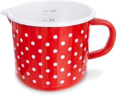 Orion - Retro Stijl Enamel Beker - Rood met Stippen - Met Maatbeker - 1,2L
