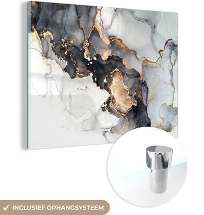 Glasschilderij abstract - Marmer - Goud - Marmerlook - Zwart - Schilderijen woonkamer - Schilderij glas - Foto op glas - Glasplaat - Kamer decoratie - 40x30 cm - Wanddecoratie - Muurdecoratie - Slaapkamer