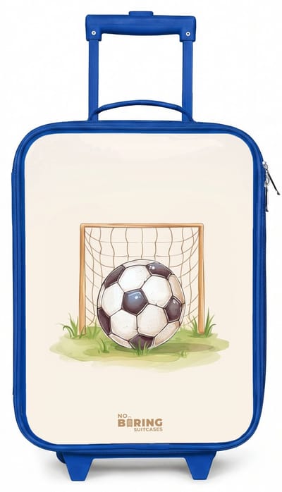 NoBoringSuitcases.com® - Kinderkoffer blauw - Kindertrolley jongen - Voetbal in een goal - Koffer kind lichtgewicht - Reiskoffer trolley voor kinderen - Koffertje met lichtgevende wieltjes - Rolkoffer