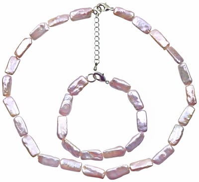 Zoetwaterparel set Pearl Rectangle Pink - parelketting + parel armband - echte parels - sterling zilver - roze - handgeknoopt - sieraden zakje