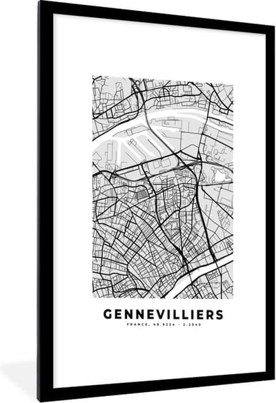 Fotolijst incl. Poster - Plattegrond – Kaart – Stadskaart – Frankrijk – Gennevilliers - 60x90 cm - Posterlijst