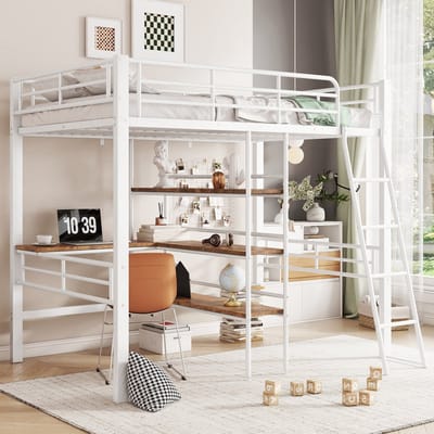 DESMIU Hoogslaper 90 x 200 cm – Hoog Bed Met Bureau En Meerdere Planken – Met Ladder En Veiligheidsrails – Voor Kinderkamer – Metaal – Wit – Zonder Matras