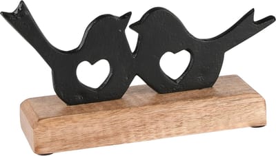 Dekoratief | Deco vogels op voet 'Love Birds', zwart/naturel, metaal/hout, 22x5x11cm | A238281