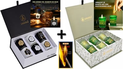 Laguiole Geschenkset Geurkaarsen- 1X Geschenkdoos 6 Geurkaarsen Naturel (Camelia + Vlas) & 1X Geschenkdoos 6 Geurkaarsen (Fleur de Cotton - Bois de Santal - Musc blanc) + 1 Doos Extra Lange Lucifers 40 Stuks / 20 cm Lang