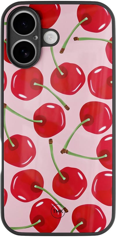 Hoesje geschikt voor Apple iPhone 16 - Sweet cherry - Roze - TPU luxe case (glossy toplaag) - Print - Hardcase backcover zwart