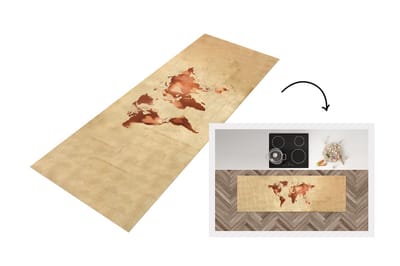 Keukenloper - Loper keuken - Wereldkaart - Bruin - Harten - 150x50 cm - Keukenloper vinyl