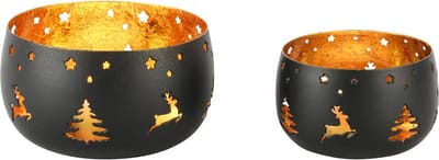 Dekoratief | Set 2 theelichthouders 'Deer Tree', zwart/goud, metaal, 10x10x6cm | A248148