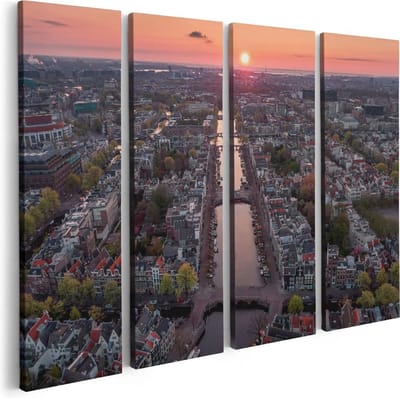 Artaza Canvas Schilderij Vierluik Bovenaanzicht Amsterdam Met Zonsondergang - 80x60 - Foto Op Canvas - Canvas Print