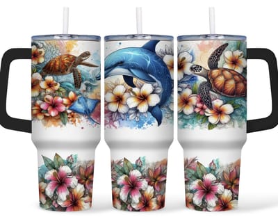 Creasowl® - Dolfijn - Tumbler - 40oz - RVS Thermosbeker met Handvat en Rietje - 1.2 Liter Drinkbeker To Go - Geschikt voor Warme en Koude Dranken - Thermosbeker - Thermosfles - Tumbler - Drinkfles - Mug - Thermoskan - RVS