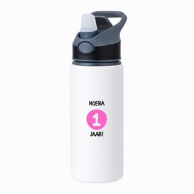 Hacebo® - Hoera 1 jaar waterfles met rietje zwart - Verjaardag - Jarigen - Verjaardagscadeau - baby - Happy birthday - water fles - 650ML