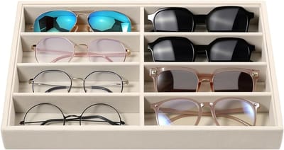 Sunglasses Organizer en Sieraden Tray met 8 Vakken, Stapelbare Opbergdoos voor Brillen en Horloges, Beige Velvet Display voor Accessoires