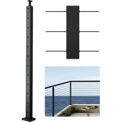 VEVOR Kabelleuningpaal, 106,7x3x5 cm Stalen hoekleuningpaal, met L-vormige voorgeboorde gaten, SUS304 roestvrijstalen leuningpaal, set van 1, zwart, 1JZLGZXHS10607YXO001V0