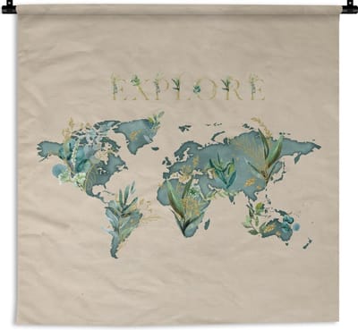 Wandkleed - Wereldkaart - Retro - Quote - 120x120 cm - Wandtapijt