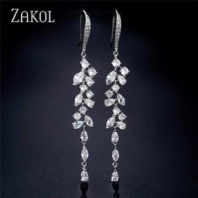 Nieuwste Cz Zirkonia Kristal Blad Lange Hangende Oorbellen Voor Elegante Vrouwen Bruids Bruiloft Sieraden Accessoires Cadeau Ep2232 black
