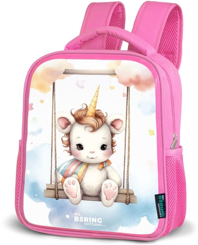 NoBoringSuitcases.com® - Rugzak roze - Schooltas meisjes - Witte baby eenhoorn op een schommel in de wolken - Kinder rugtas meisje - Boekentas kind - Kinderrugzak voor school - Schoolrugzak