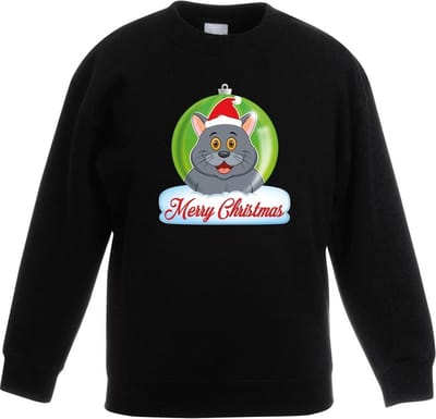 Kersttrui Merry Christmas grijze kat / poes kerstbal zwart jongens en meisjes - Kerstruien kind 98/104